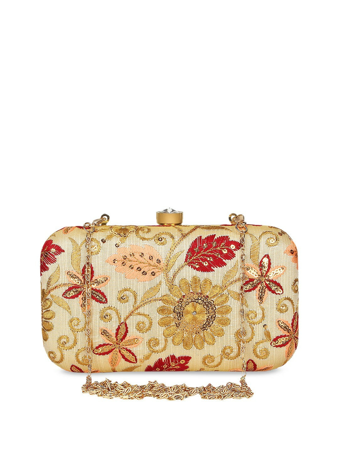 Beige & Gold-Toned Floral Embroidered Clutch Bag with Sequins – Detachable Shoulder Strap & Click Closure