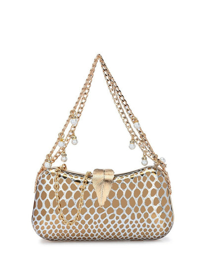 Gold & White Embellished Shoulder Strap Box Clutch