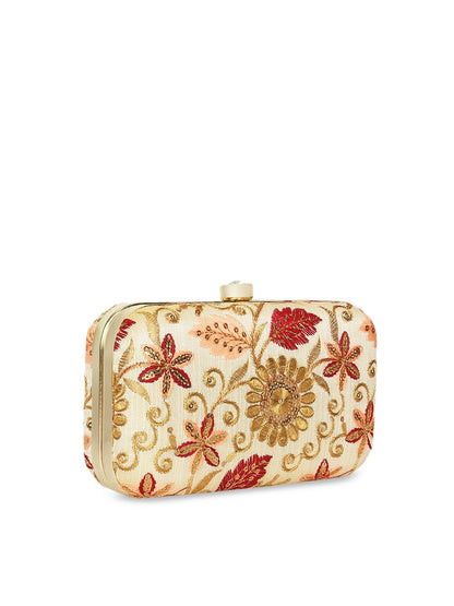 Beige & Gold-Toned Floral Embroidered Clutch Bag with Sequins – Detachable Shoulder Strap & Click Closure