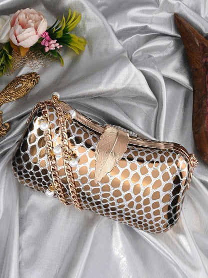 Gold & White Embellished Shoulder Strap Box Clutch