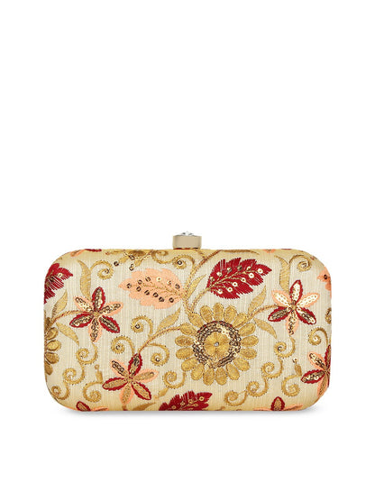 Beige & Gold-Toned Floral Embroidered Clutch Bag with Sequins – Detachable Shoulder Strap & Click Closure