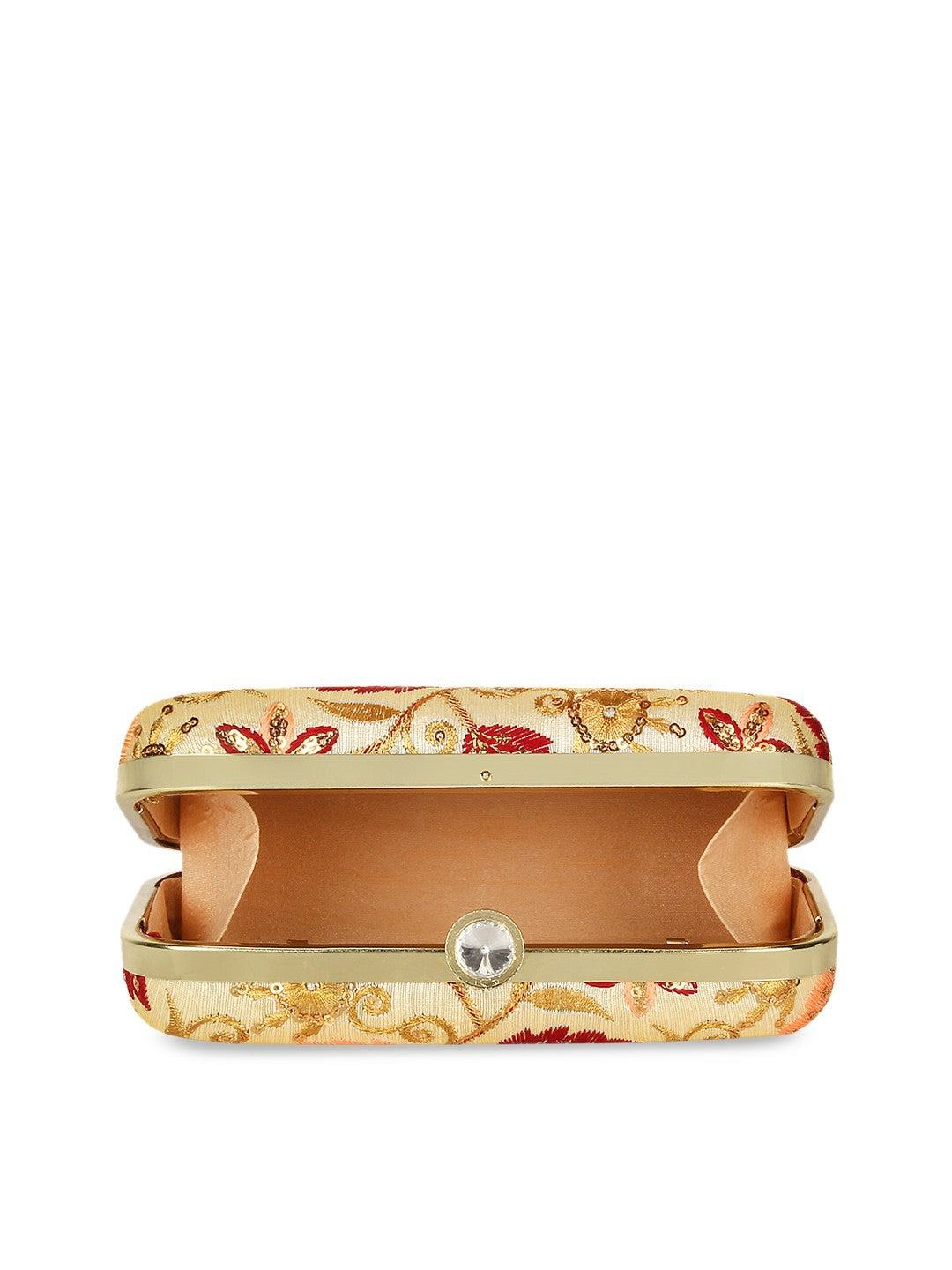 Beige & Gold-Toned Floral Embroidered Clutch Bag with Sequins – Detachable Shoulder Strap & Click Closure