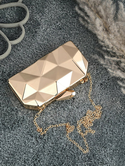 Gold-Toned Embellished Box Clutch with Shoulder Strap