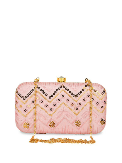 Pink and Gold-Toned Embroidered Clutch Bag – Elegant Evening Purse with Click Closure