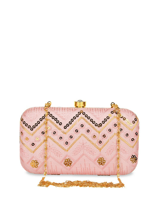 Pink and Gold-Toned Embroidered Clutch Bag – Elegant Evening Purse with Click Closure