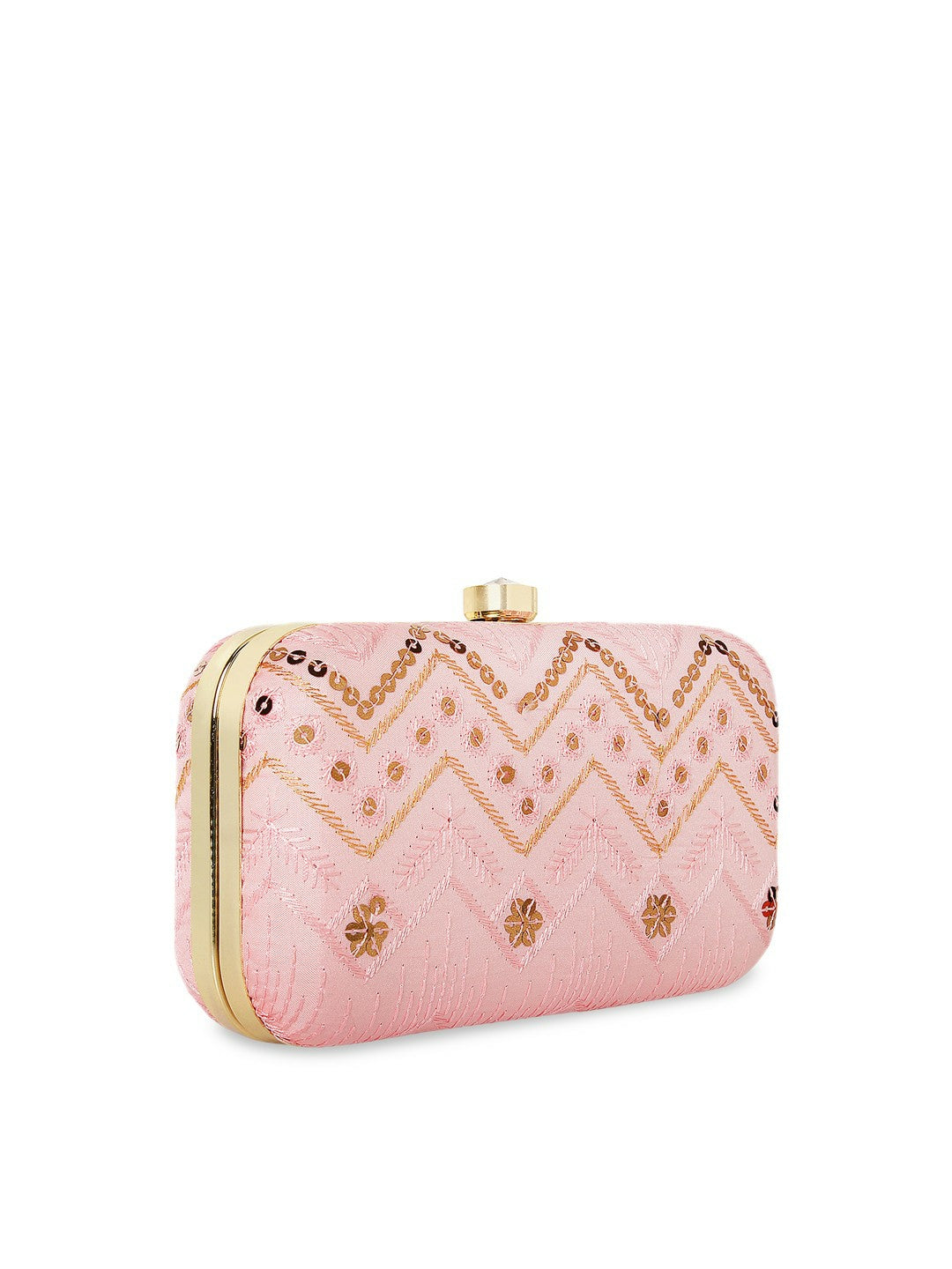 Pink and Gold-Toned Embroidered Clutch Bag – Elegant Evening Purse with Click Closure