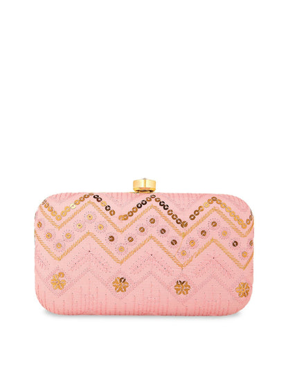 Pink and Gold-Toned Embroidered Clutch Bag – Elegant Evening Purse with Click Closure