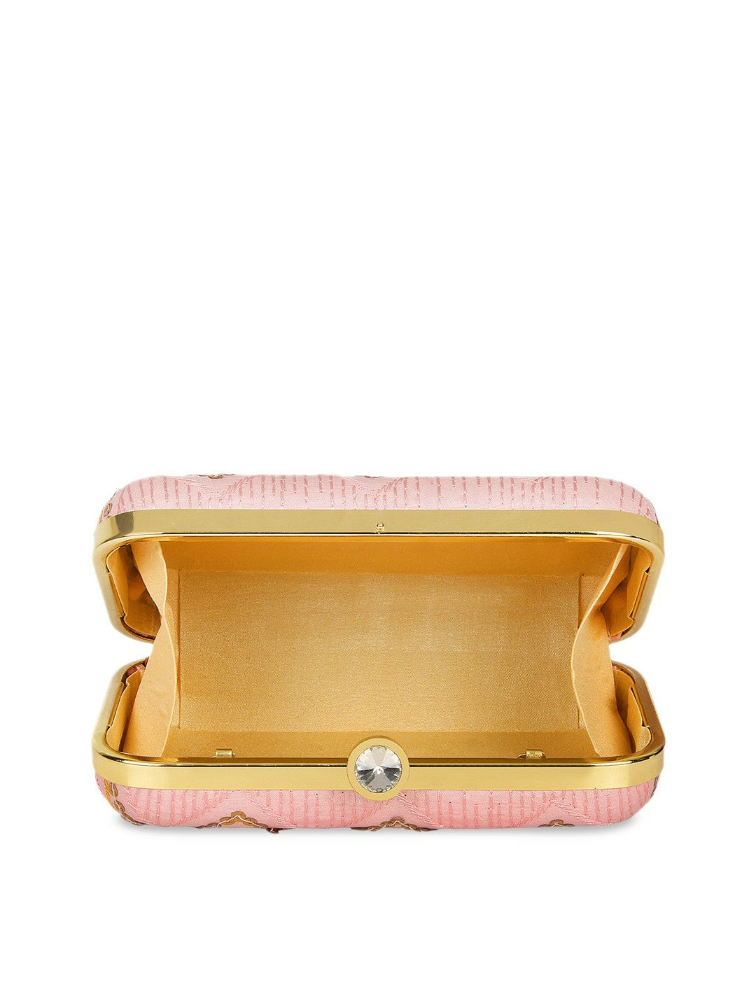 Pink and Gold-Toned Embroidered Clutch Bag – Elegant Evening Purse with Click Closure