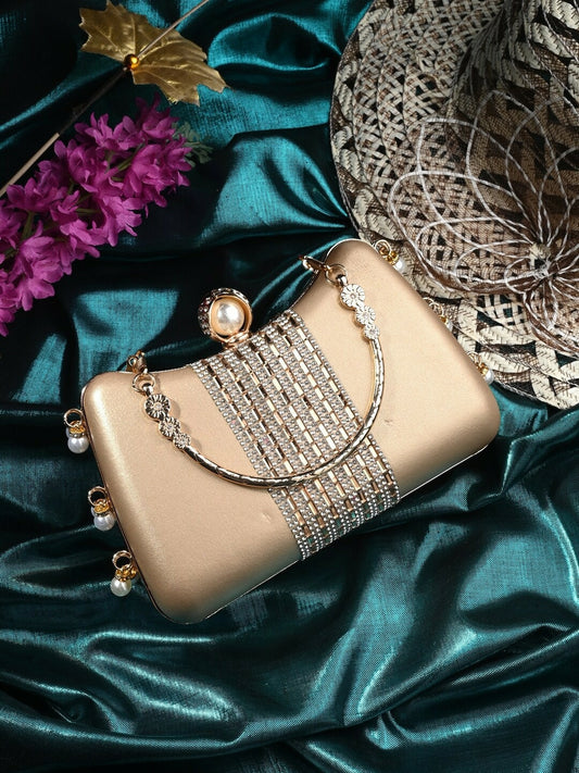 Gold Embellished Box Clutch with Wrist Loop