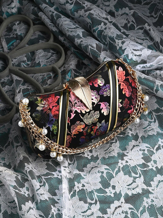 Embellished Black & Red Wrist Loop Box Clutch