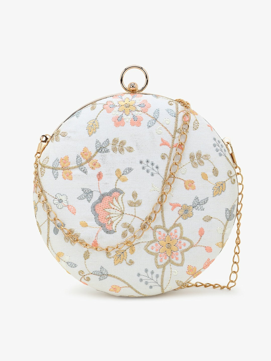 Women White & Pink Embroidered Round Clutch with Shoulder Strap – Elegant Evening Bag for Weddings & Parties