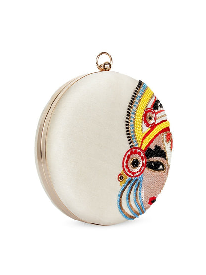 Women White Embellished Round Clutch – Elegant Evening & Wedding Accessory