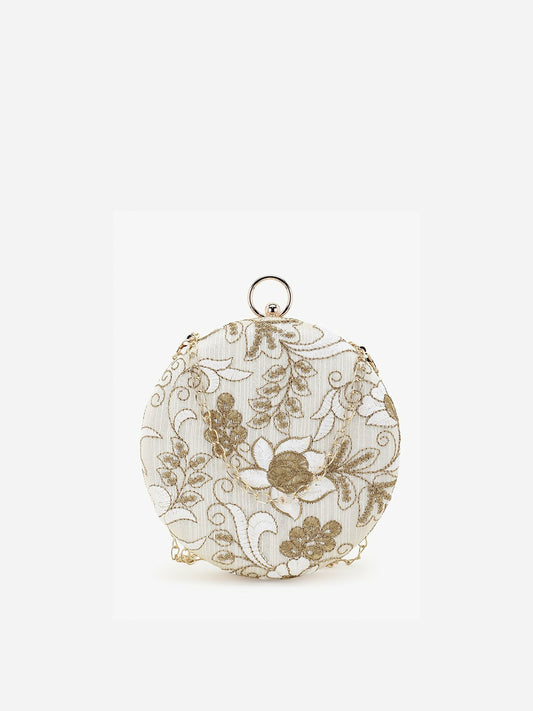 Women Beige & Gold Floral Embroidered Round Box Clutch – Faux Silk with Shoulder Strap