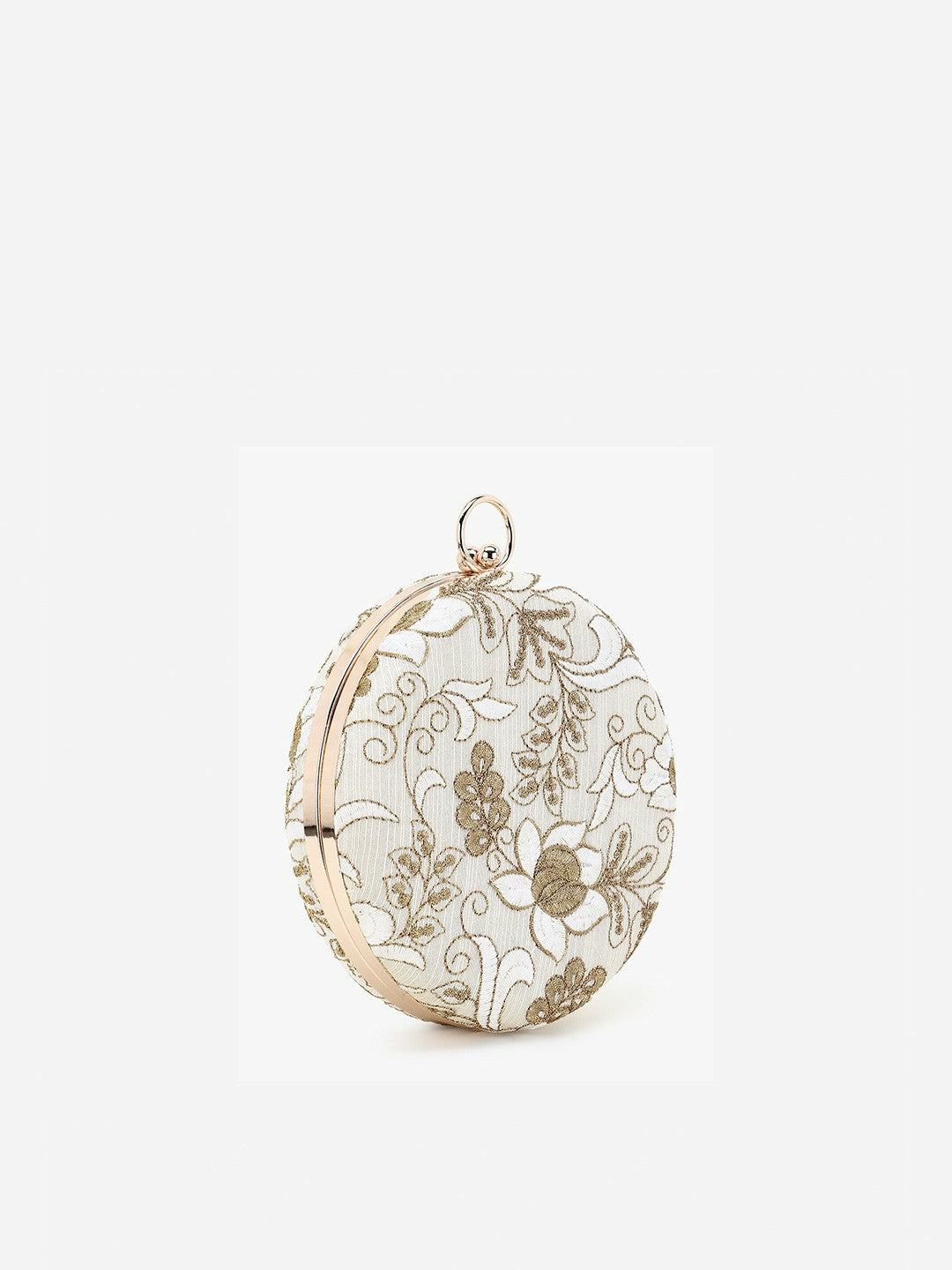 Women Beige & Gold Floral Embroidered Round Box Clutch – Faux Silk with Shoulder Strap