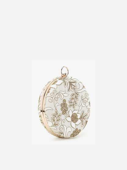 Women Beige & Gold Floral Embroidered Round Box Clutch – Faux Silk with Shoulder Strap