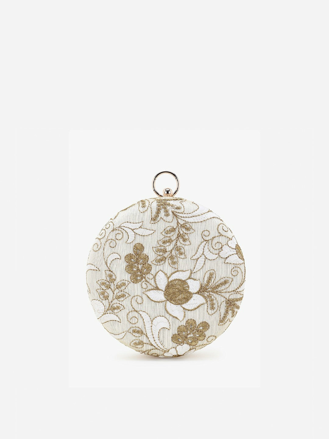 Women Beige & Gold Floral Embroidered Round Box Clutch – Faux Silk with Shoulder Strap