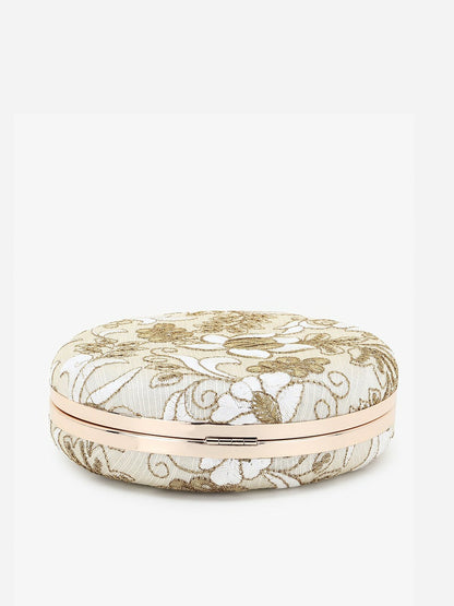 Women Beige & Gold Floral Embroidered Round Box Clutch – Faux Silk with Shoulder Strap