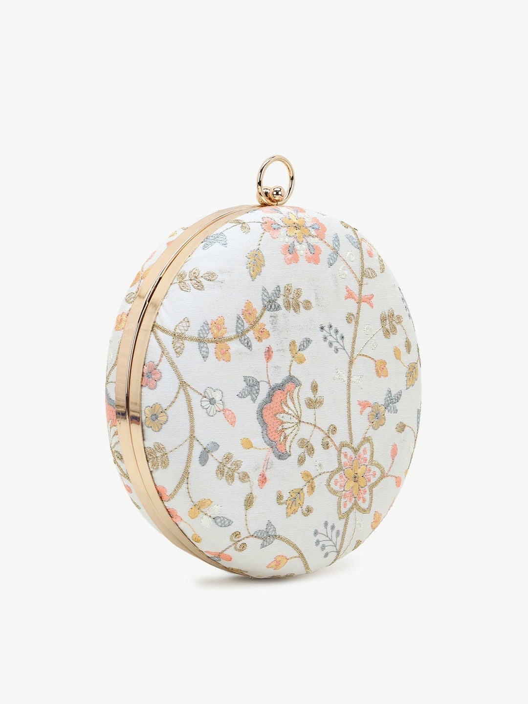 Women White & Pink Embroidered Round Clutch with Shoulder Strap – Elegant Evening Bag for Weddings & Parties