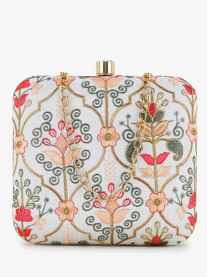 Off White & Pastel Multi Box Clutch with Damask Embroidery – Detachable Shoulder Strap | IndiaIsta