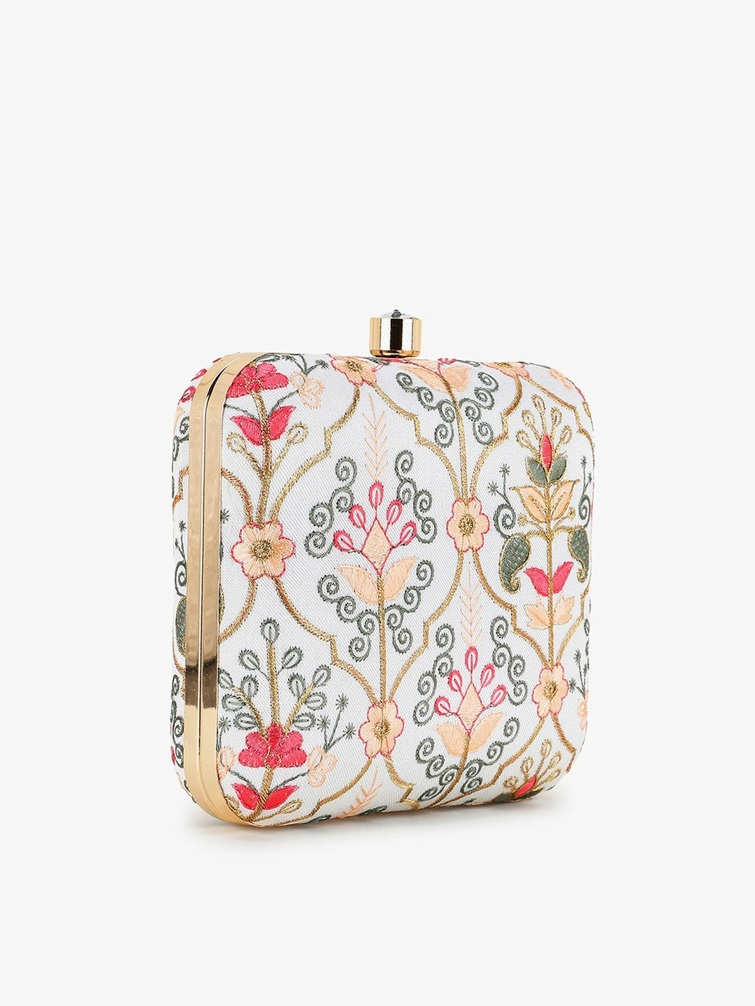 Off White & Pastel Multi Box Clutch with Damask Embroidery – Detachable Shoulder Strap | IndiaIsta