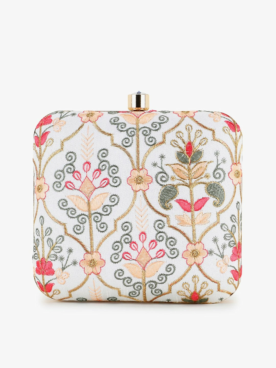 Off White & Pastel Multi Box Clutch with Damask Embroidery – Detachable Shoulder Strap | IndiaIsta