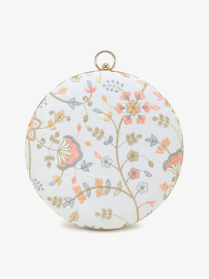 Women White & Pink Embroidered Round Clutch with Shoulder Strap – Elegant Evening Bag for Weddings & Parties