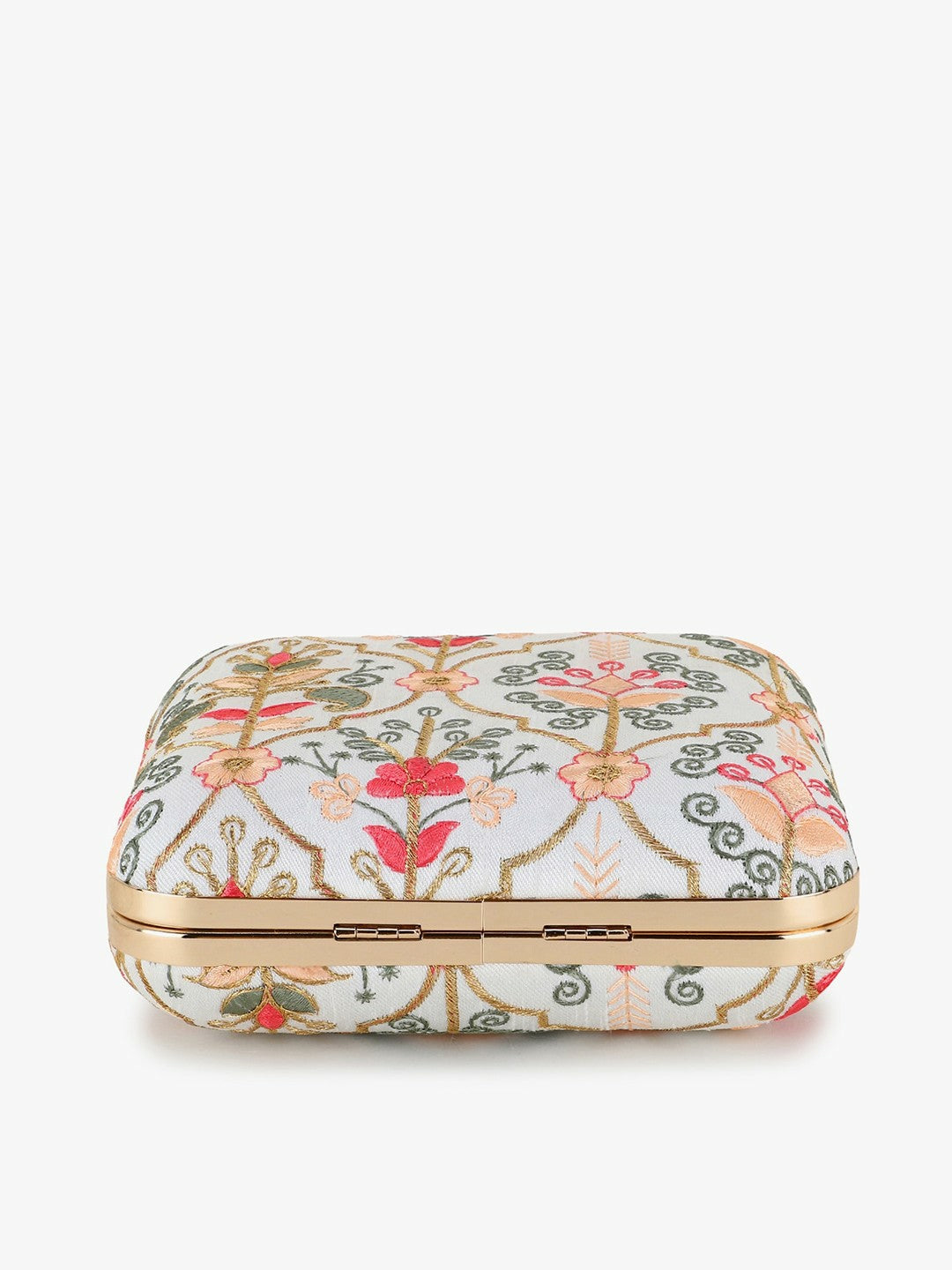 Off White & Pastel Multi Box Clutch with Damask Embroidery – Detachable Shoulder Strap | IndiaIsta