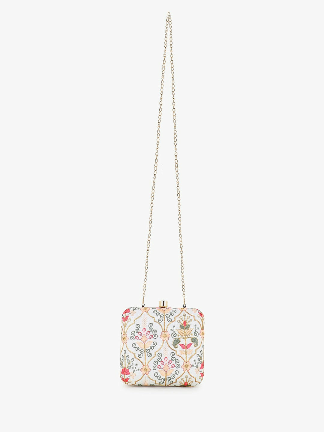 Off White & Pastel Multi Box Clutch with Damask Embroidery – Detachable Shoulder Strap | IndiaIsta