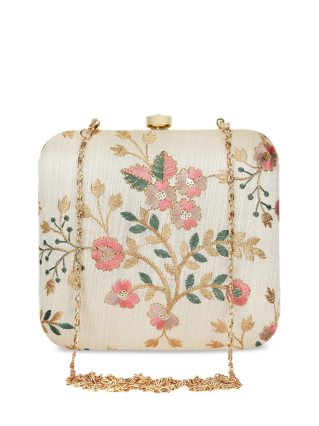 Beige Embroidered Clutch Bag – Elegant Handbag with Click Closure | Indiaista