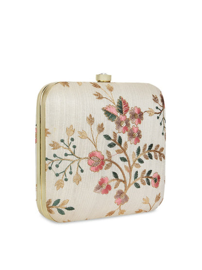 Beige Embroidered Clutch Bag – Elegant Handbag with Click Closure | Indiaista