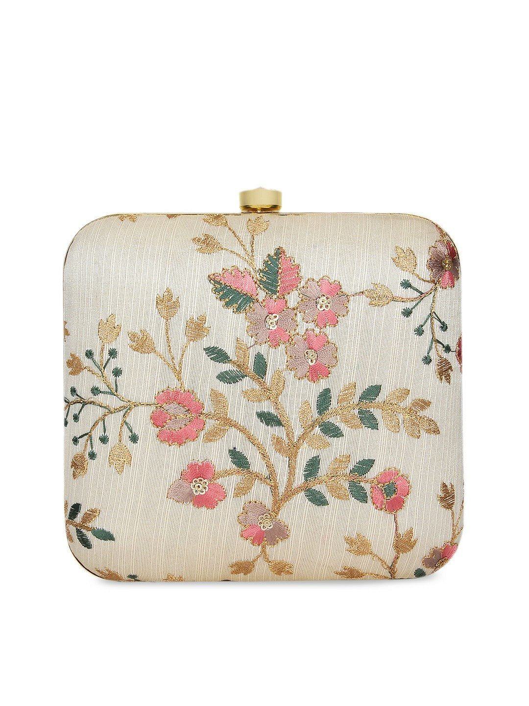 Beige Embroidered Clutch Bag – Elegant Handbag with Click Closure | Indiaista