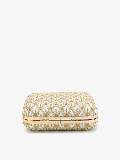 Elegant White & Gold Embroidered Box Clutch – Stylish Party & Wedding Bag