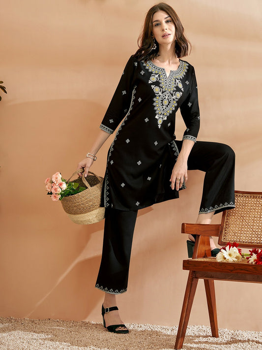 Women's Black Embroidered Co-ord Set – Tunic & Trousers | Ethnic Wear at Indiaista