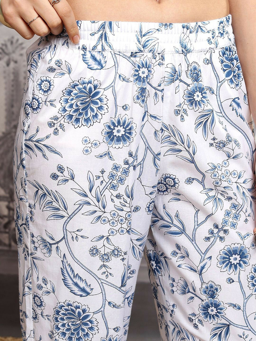 Women's White & Blue Printed Co-Ord Set – Stylish Tunic with Flared Trousers | Indiaista