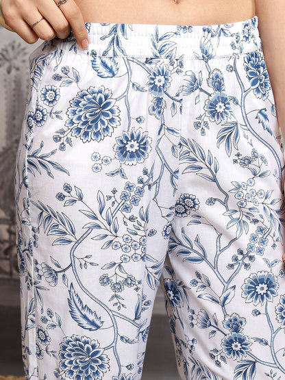 Women's White & Blue Printed Co-Ord Set – Stylish Tunic with Flared Trousers | Indiaista