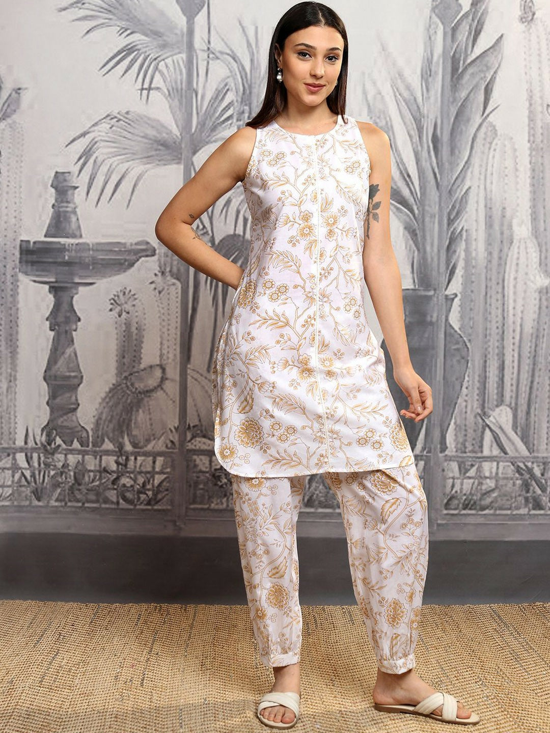 Women's White & Beige Printed Co-ord Set – Sleeveless Tunic with Flared Trousers | Indiaista