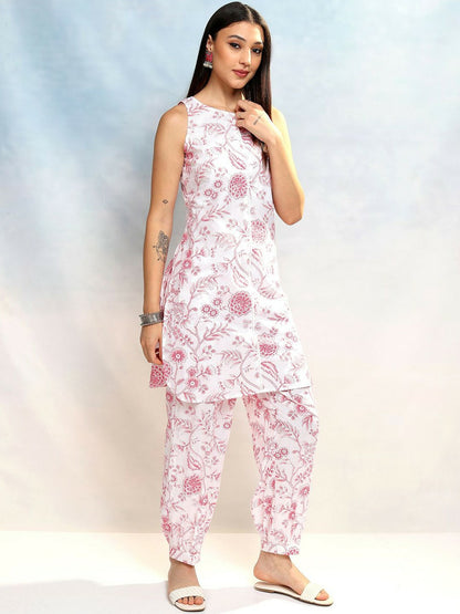 Women's Floral Co-ord Set – Cream & Pink Tunic with Trousers | Indiaista