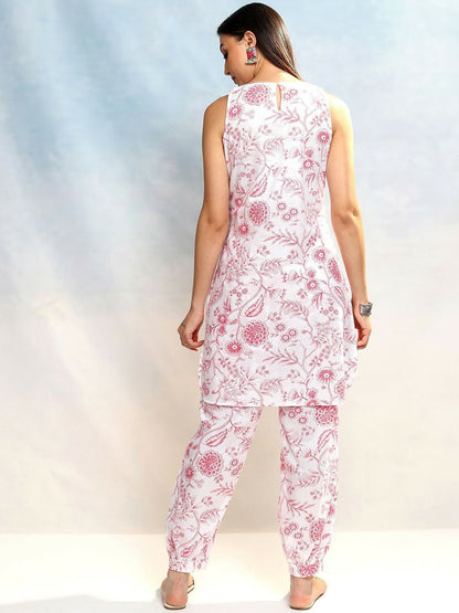 Women's Floral Co-ord Set – Cream & Pink Tunic with Trousers | Indiaista