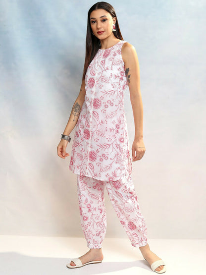 Women's Floral Co-ord Set – Cream & Pink Tunic with Trousers | Indiaista