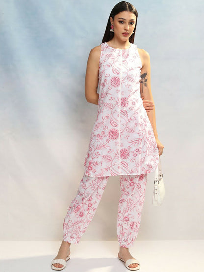 Women's Floral Co-ord Set – Cream & Pink Tunic with Trousers | Indiaista