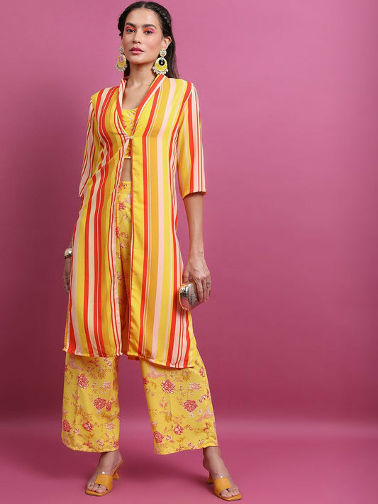 Yellow Printed Co-ord Set for Women – Striped Top with Palazzos & Jacket | Indiaista