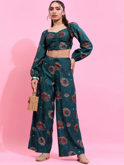 Women’s Printed Co-Ord Set – Teal Green & Orange Crop Top with Palazzo | Indiaista