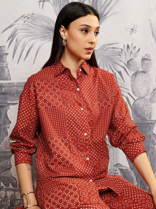 Rust Printed Women's Co-Ord Set – Stylish Shirt & Palazzo Outfit | Indiaista