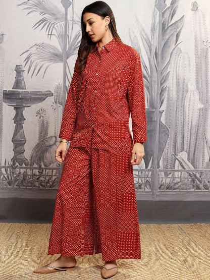 Rust Printed Women's Co-Ord Set – Stylish Shirt & Palazzo Outfit | Indiaista