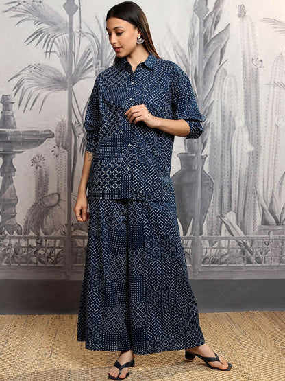 Navy Blue Printed Co-ord Set for Women – Stylish Shirt & Palazzo Outfit | Indiaista