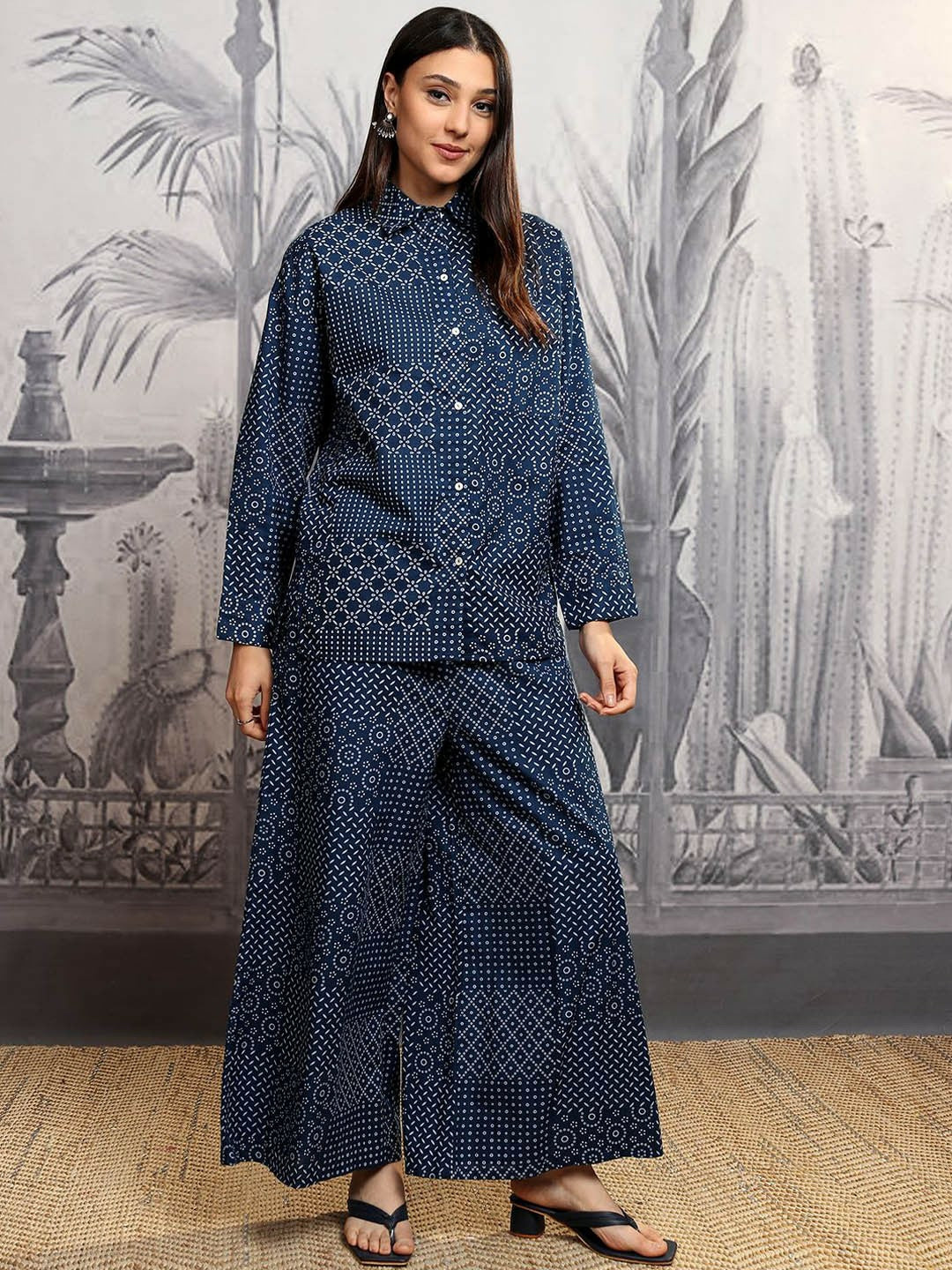 Navy Blue Printed Co-ord Set for Women – Stylish Shirt & Palazzo Outfit | Indiaista