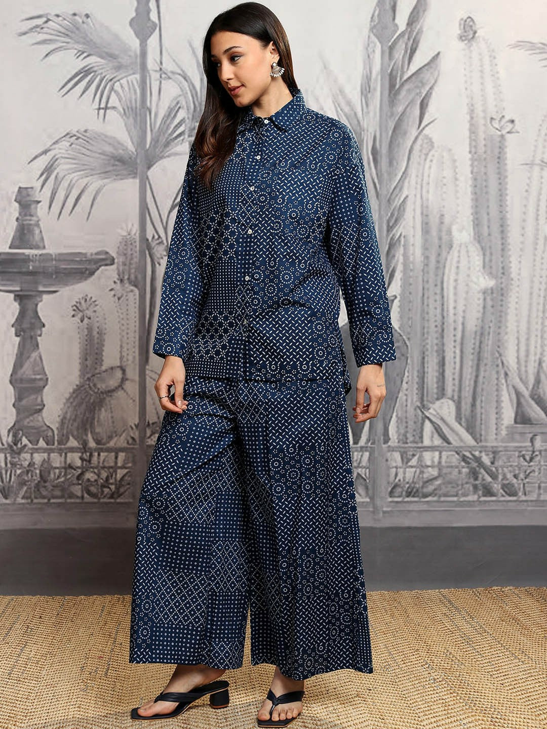 Navy Blue Printed Co-ord Set for Women – Stylish Shirt & Palazzo Outfit | Indiaista