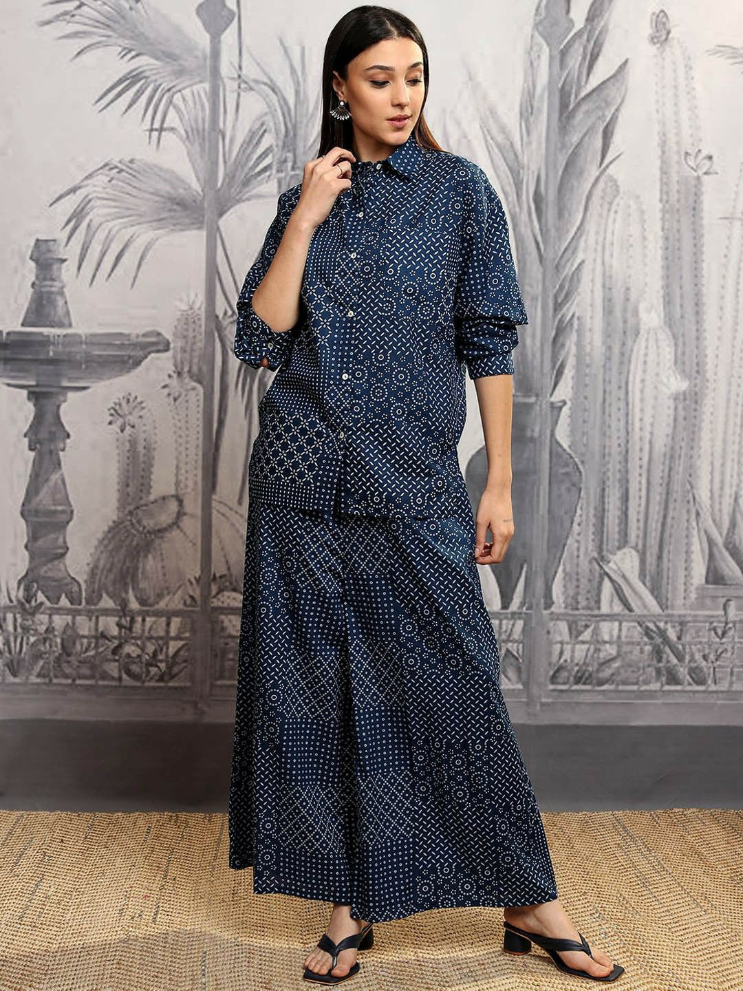 Navy Blue Printed Co-ord Set for Women – Stylish Shirt & Palazzo Outfit | Indiaista