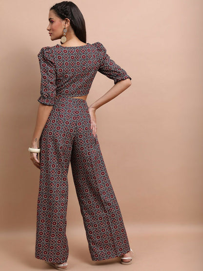 Red & Blue Printed Women's Co-ord Set – Stylish Shirt & Palazzo Outfit | Indiaista