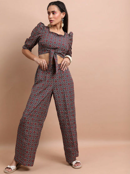 Red & Blue Printed Women's Co-ord Set – Stylish Shirt & Palazzo Outfit | Indiaista